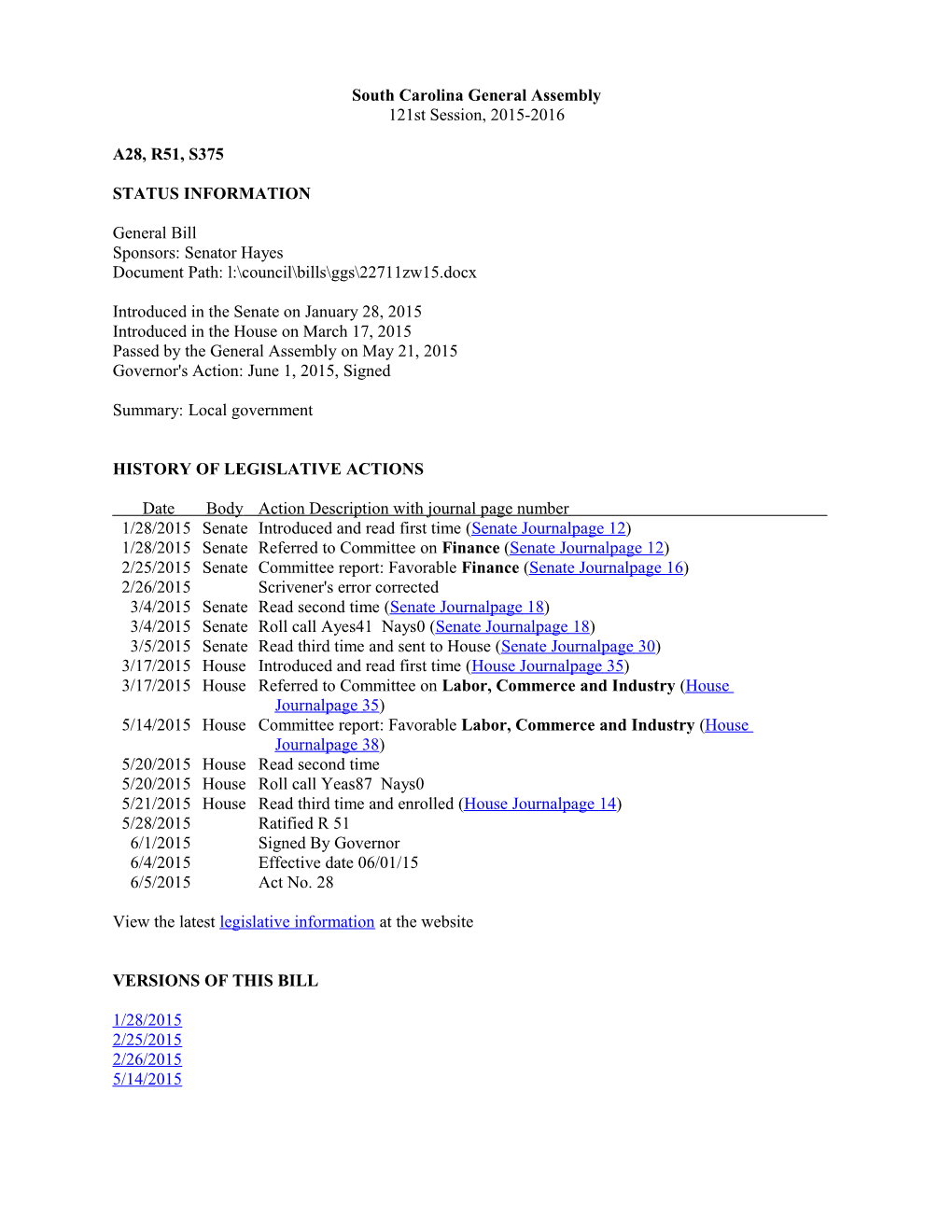 2015-2016 Bill 375: Local Government - South Carolina Legislature Online