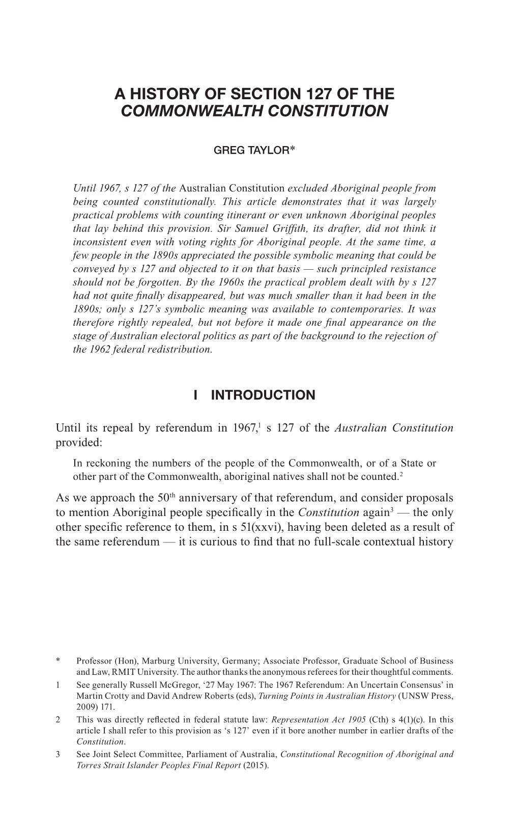 A History of Section 127 of the Commonwealth Constitution