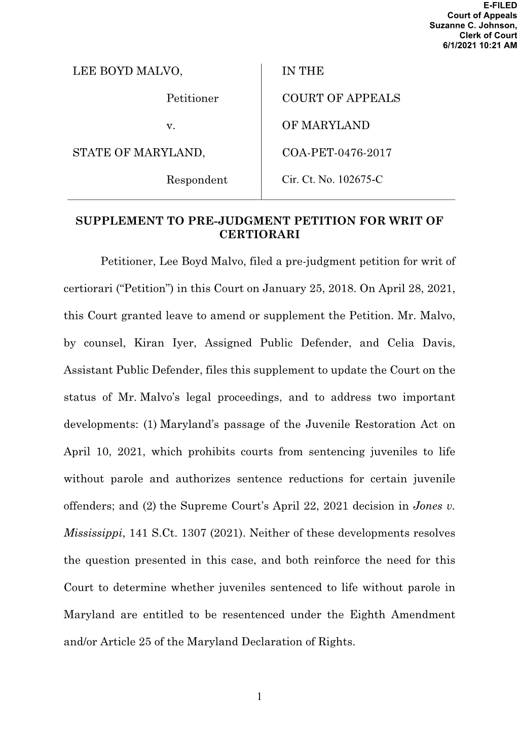 1 LEE BOYD MALVO, Petitioner V. STATE of MARYLAND