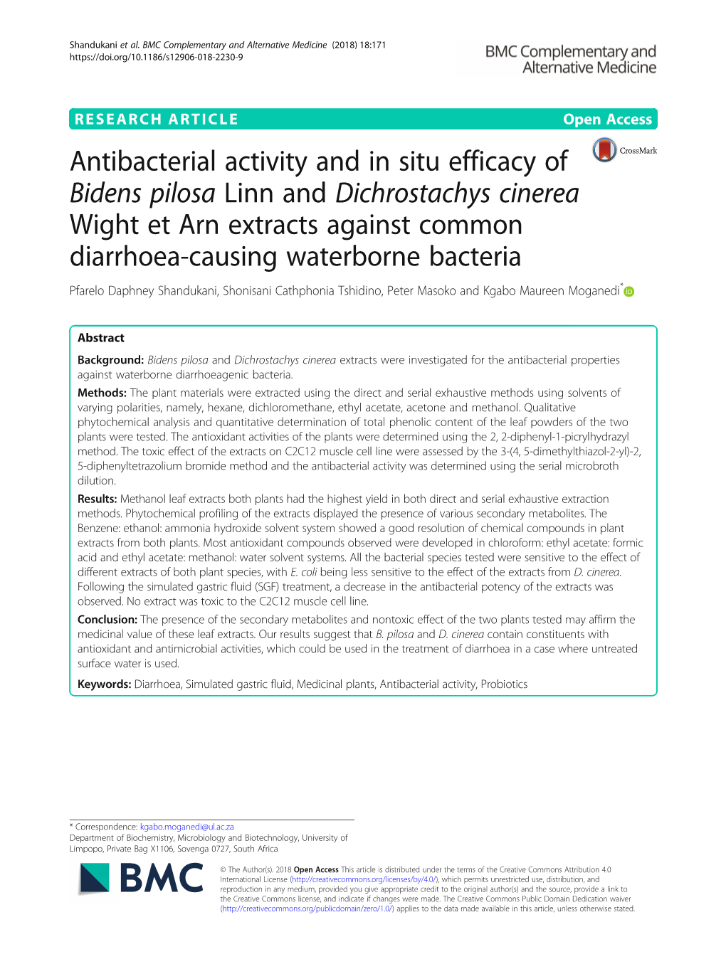 Antibacterial Activity and in Situ Efficacy of Bidens Pilosa Linn And