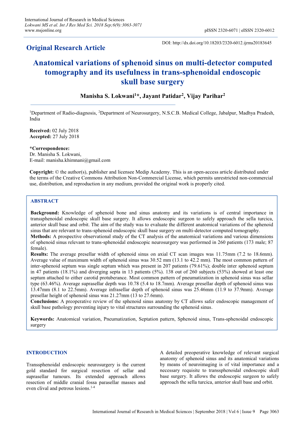 Anatomical Variations of Sphenoid Sinus on Multi-Detector Computed Tomography and Its Usefulness in Trans-Sphenoidal Endoscopic Skull Base Surgery