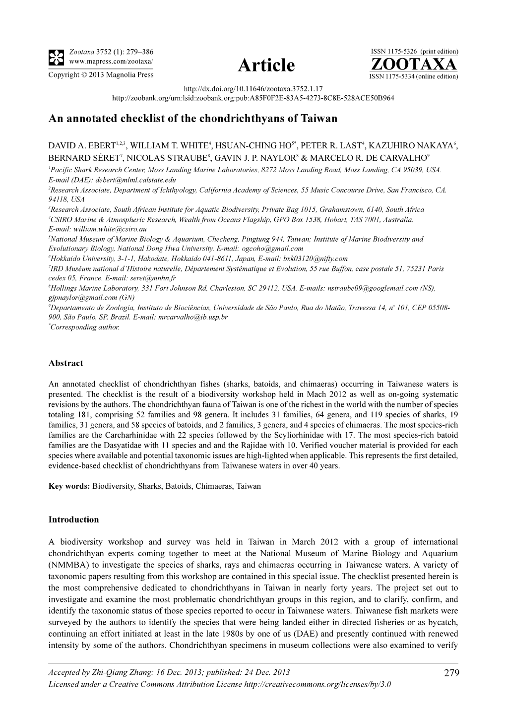 An Annotated Checklist of the Chondrichthyans of Taiwan