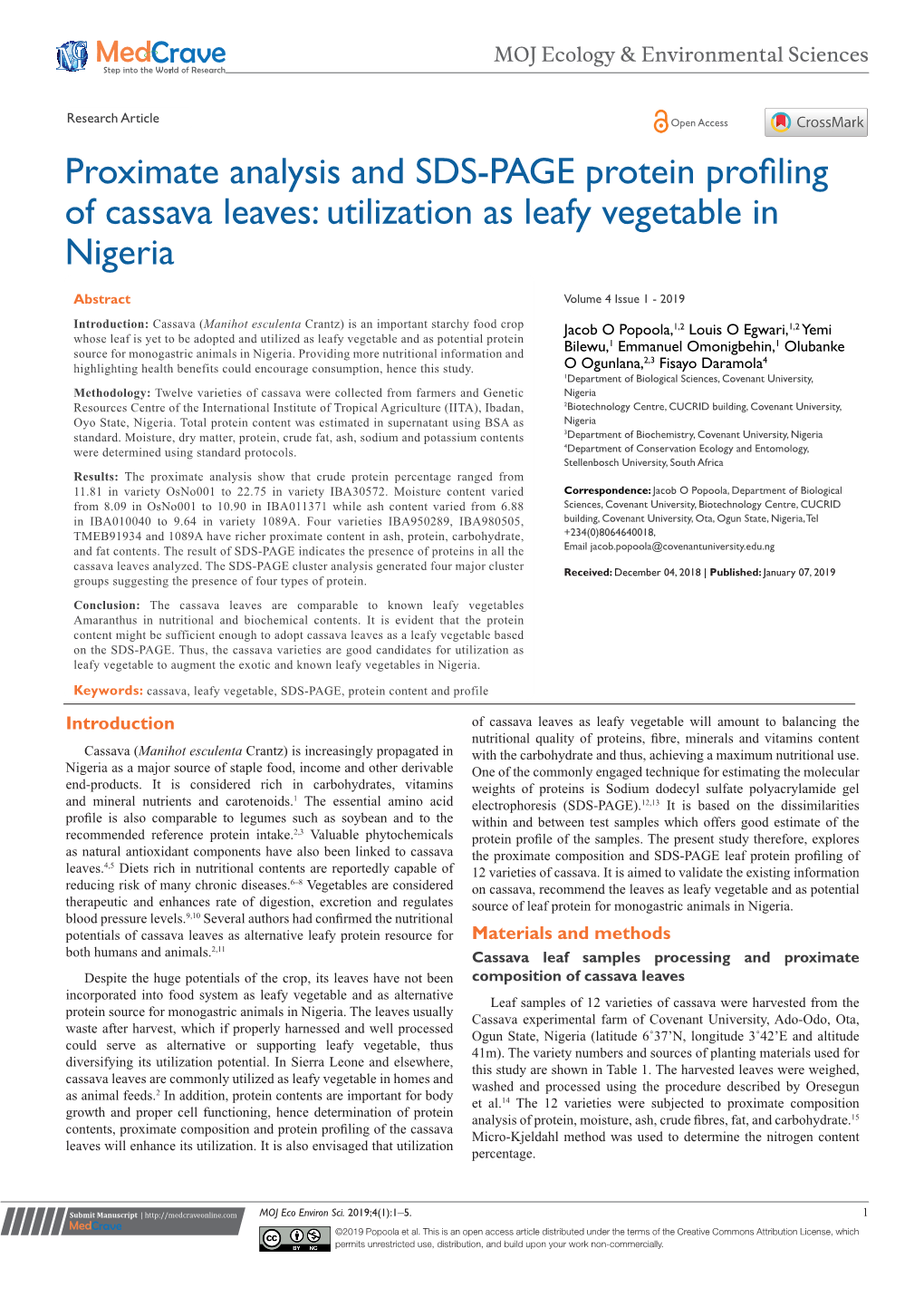 Proximate Analysis and SDS-PAGE Protein Profiling of Cassava Leaves: Utilization As Leafy Vegetable in Nigeria