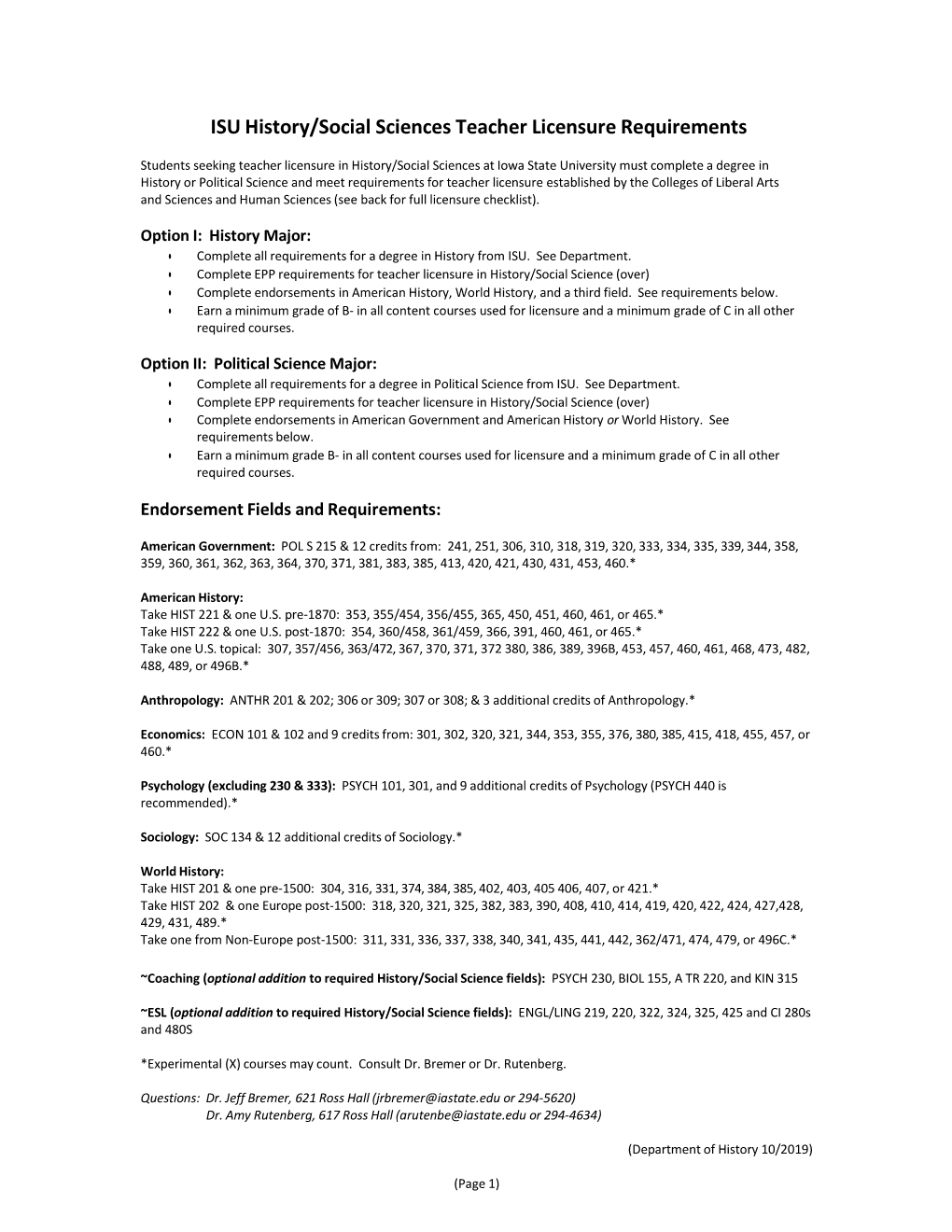 History/Social Sciences Teacher Licensure Requirements Checklist