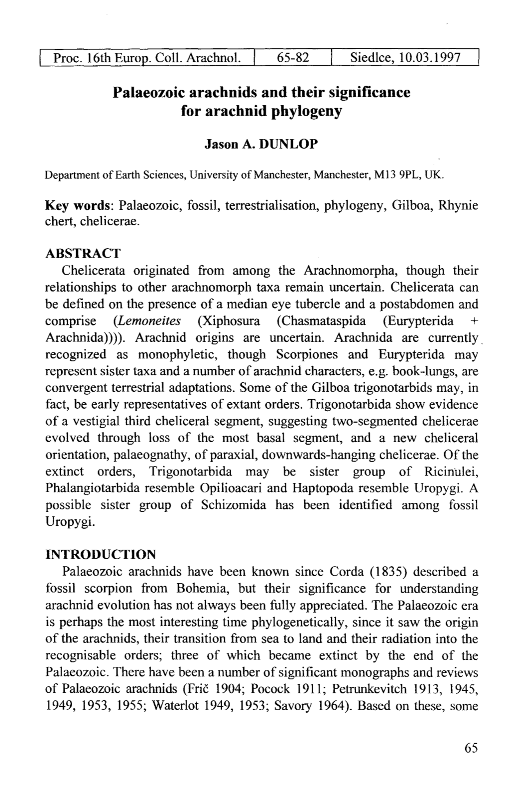 Palaeozoic Arachnids and Their Significance for Arachnid Phylogeny