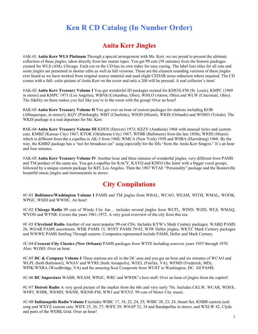 Ken R Jingle CD List