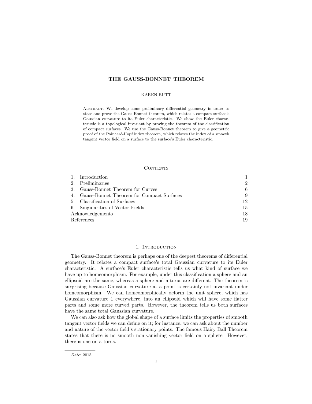 THE GAUSS-BONNET THEOREM Contents 1. Introduction 1 2