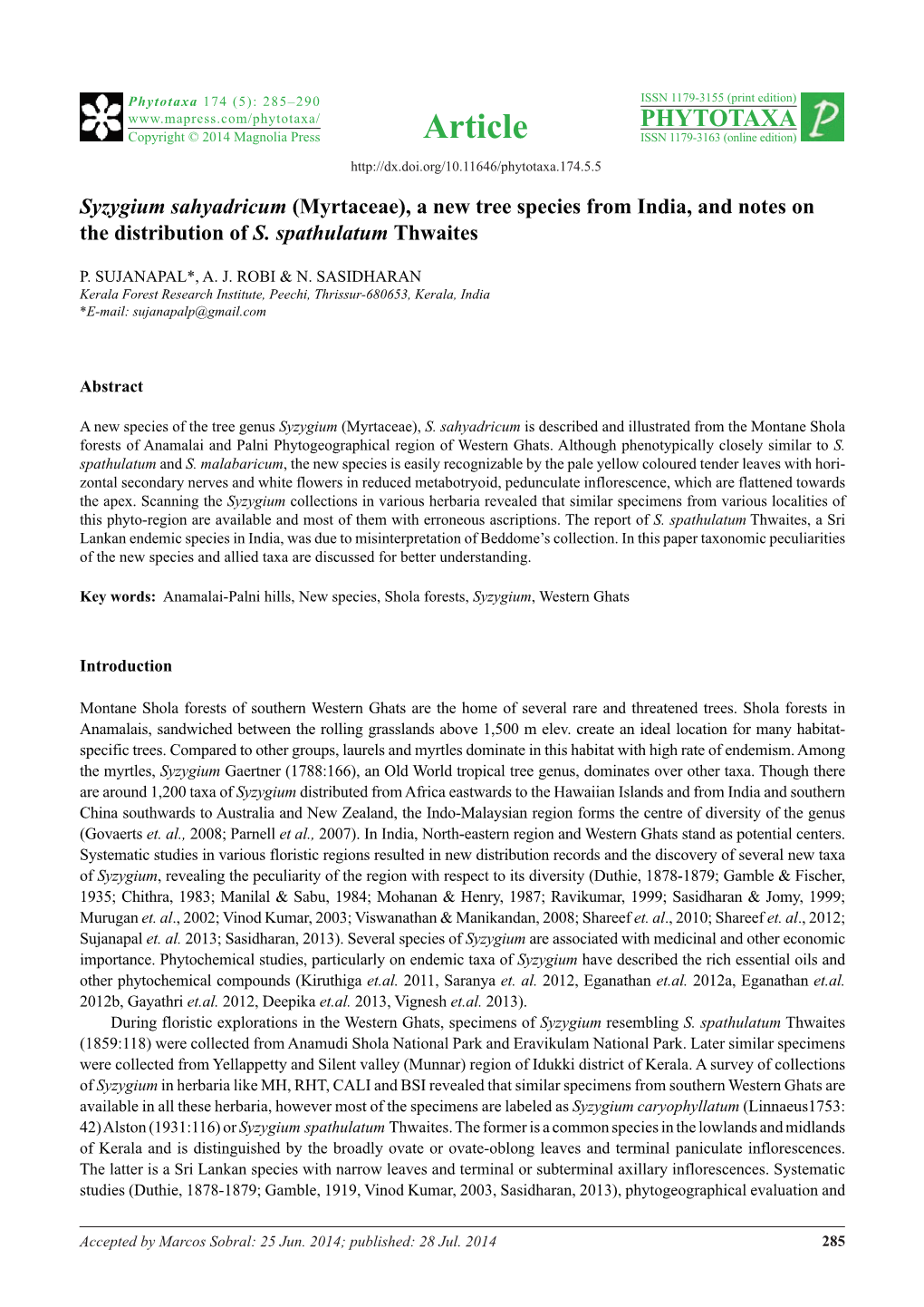 Syzygium Sahyadricum (Myrtaceae), a New Tree Species from India, and Notes on the Distribution of S