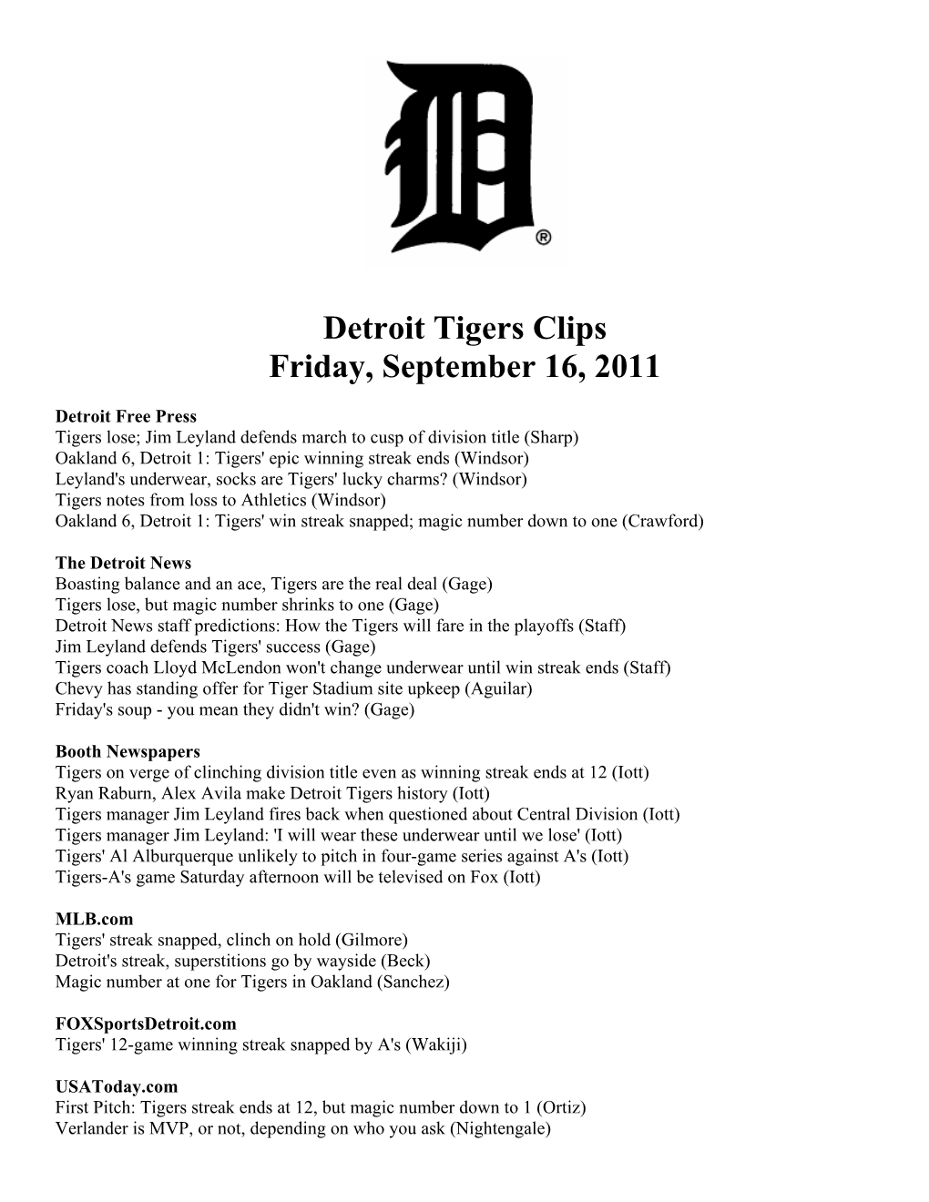 Detroit Tigers Clips Friday, September 16, 2011