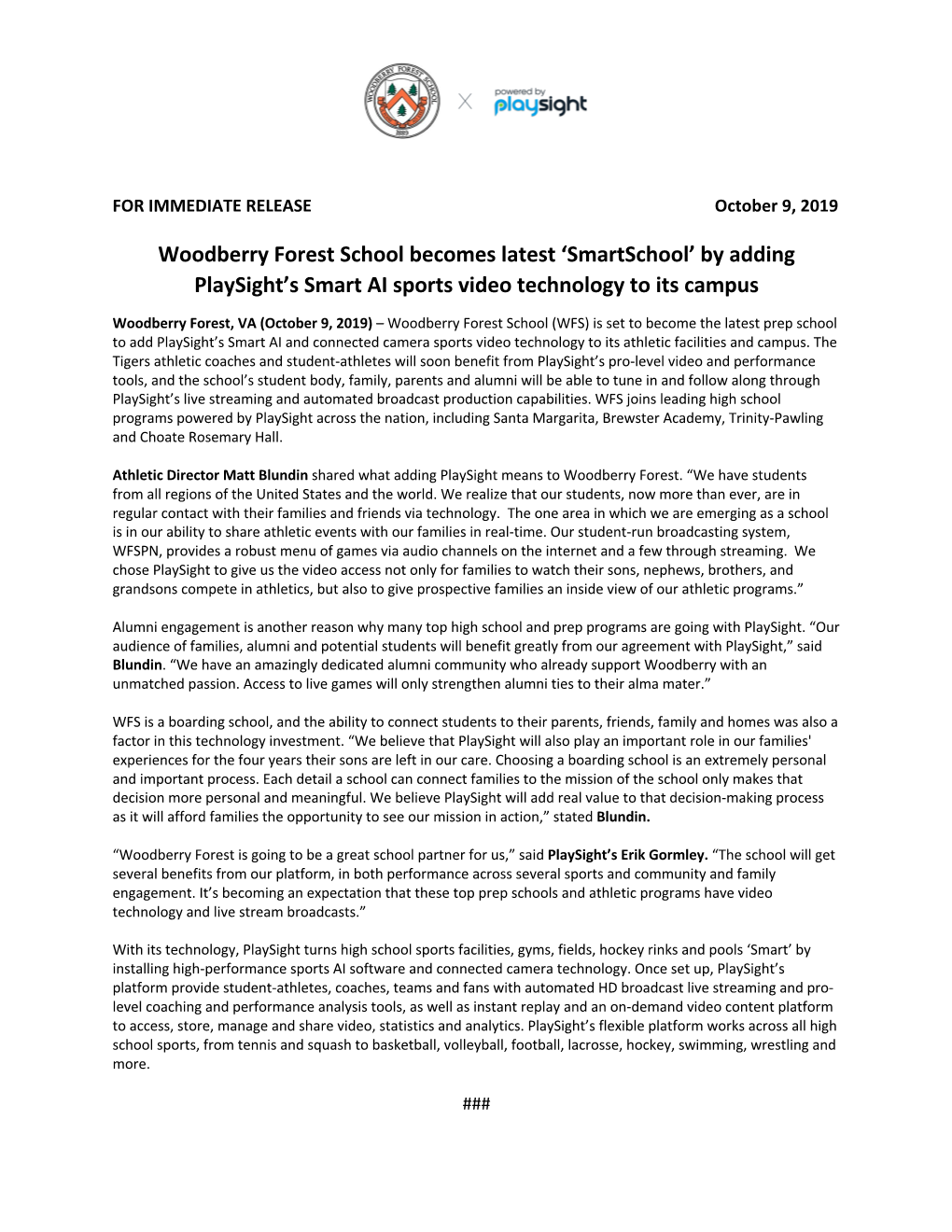 Woodberry Forest School Becomes Latest ‘Smartschool’ by Adding Playsight’S Smart AI Sports Video Technology to Its Campus