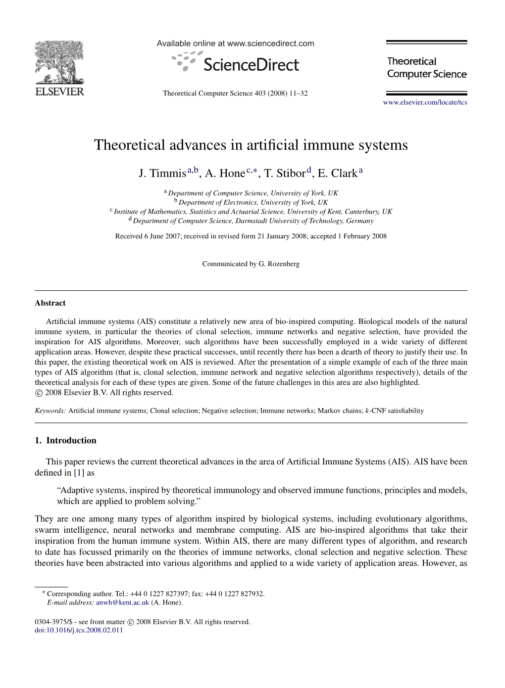 Theoretical Advances in Artificial Immune Systems