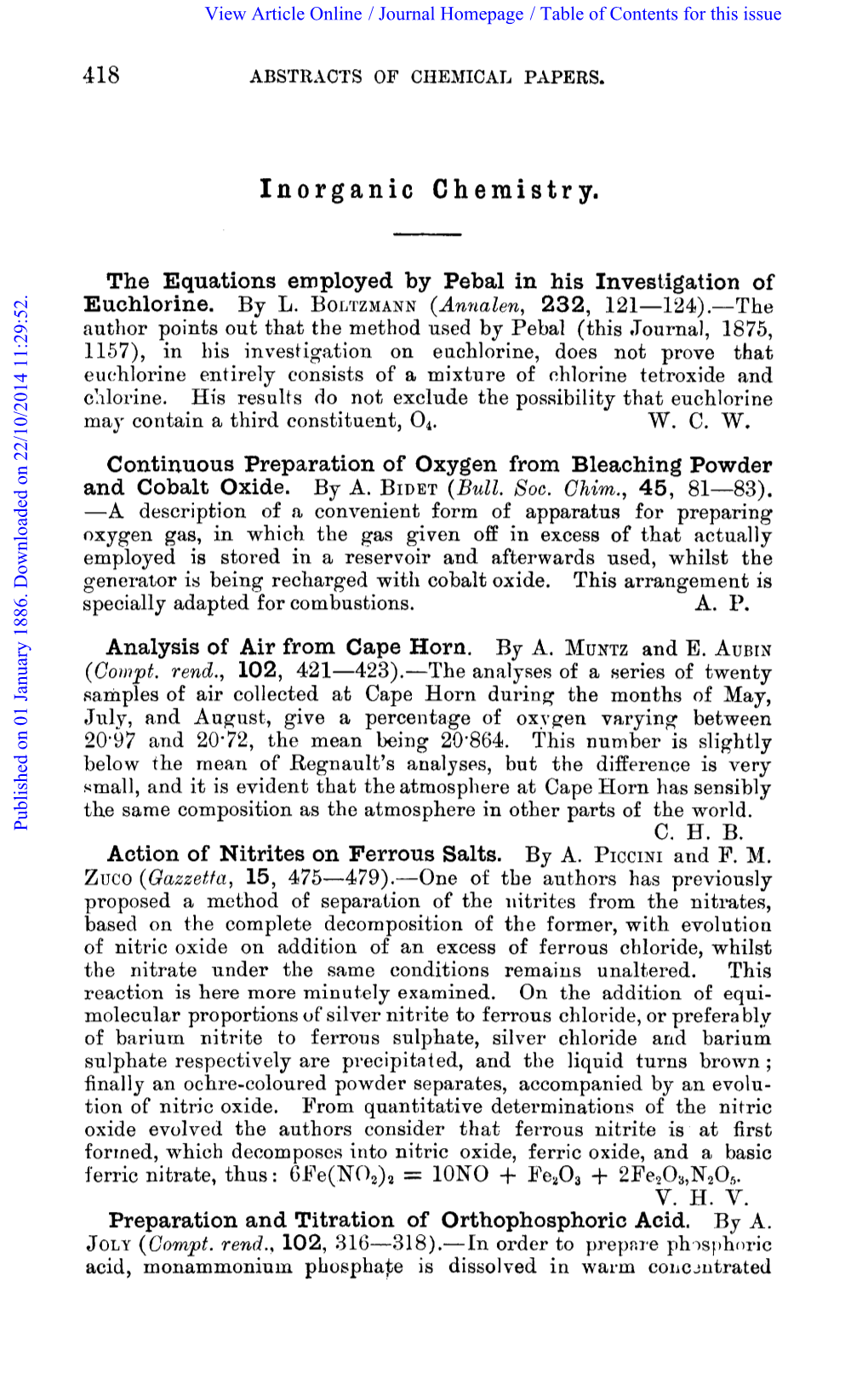 W. C. W. Continuous Preparation of Oxygen from Bleaching Powder and Cobalt Oxide