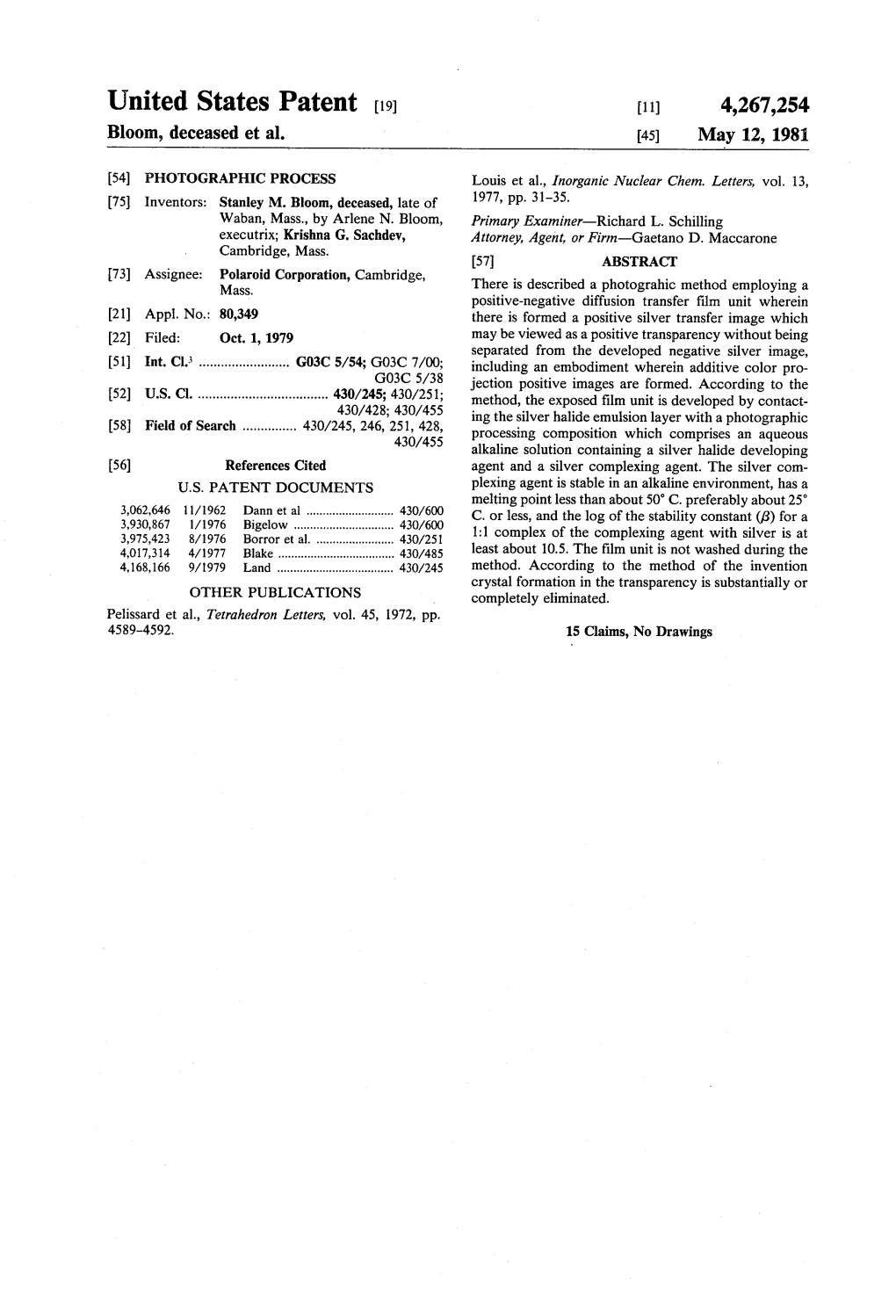 United States Patent (19) 11) 4,267,254 Bloom, Deceased Et Al