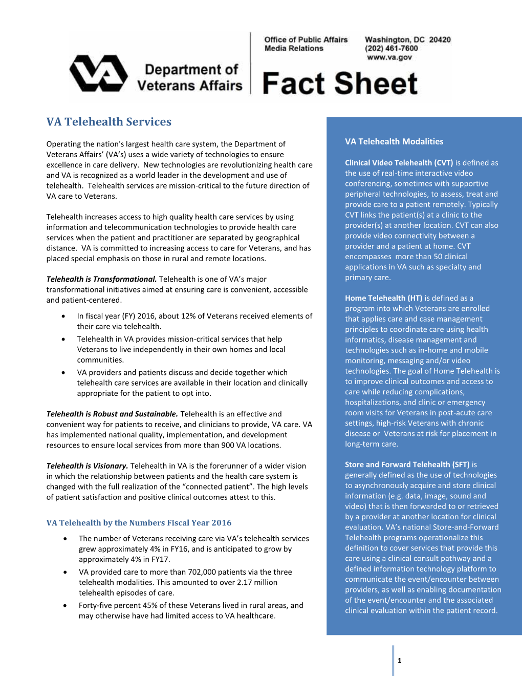 VA Telehealth Services Fact Sheet