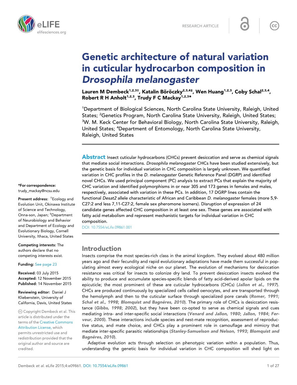 Genetic Architecture of Natural Variation in Cuticular Hydrocarbon