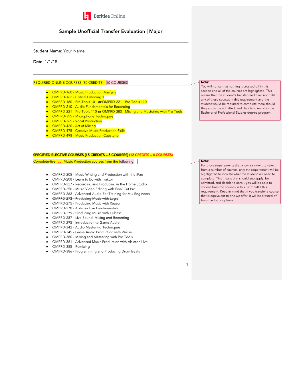 Sample Unofficial Transfer Evaluation | Major