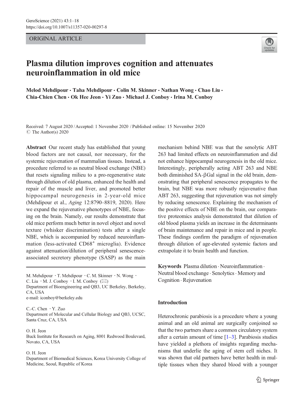 Plasma Dilution Improves Cognition and Attenuates Neuroinflammation in Old Mice