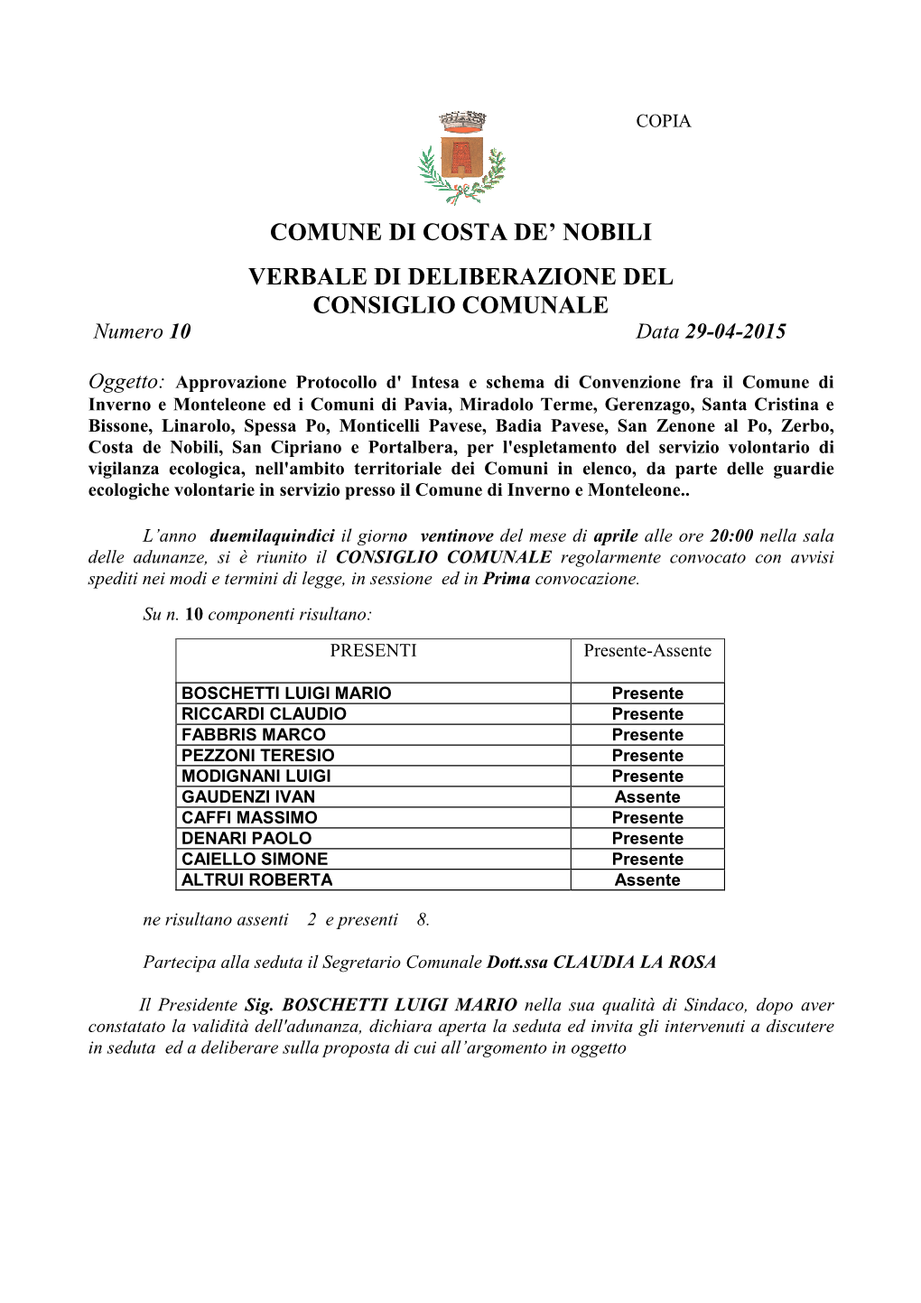 Comune Di Costa De' Nobili Verbale Di Deliberazione