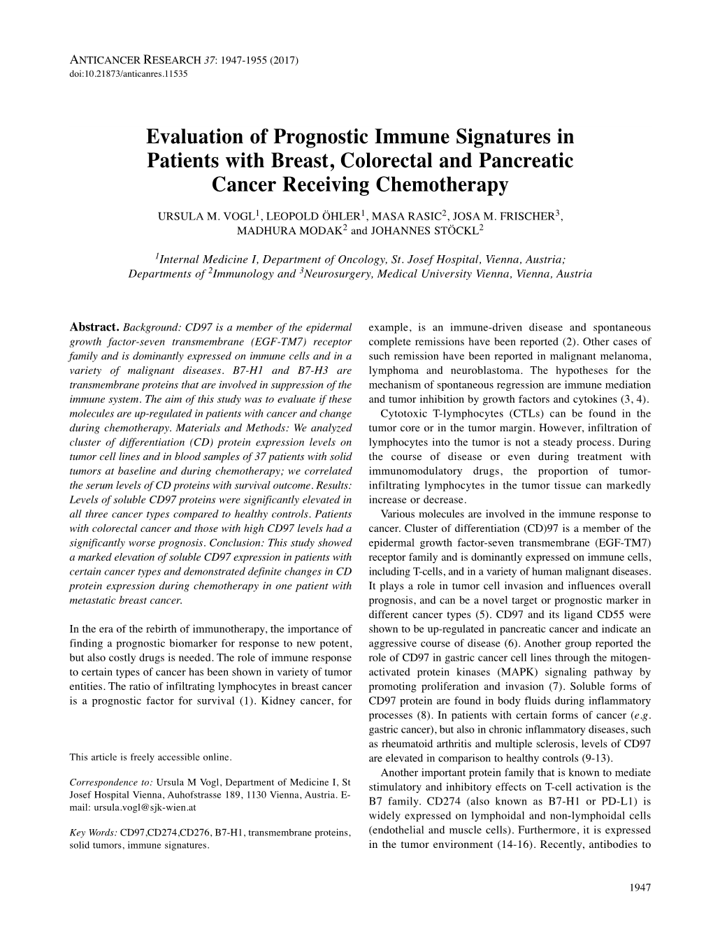 Evaluation of Prognostic Immune Signatures in Patients with Breast, Colorectal and Pancreatic Cancer Receiving Chemotherapy URSULA M