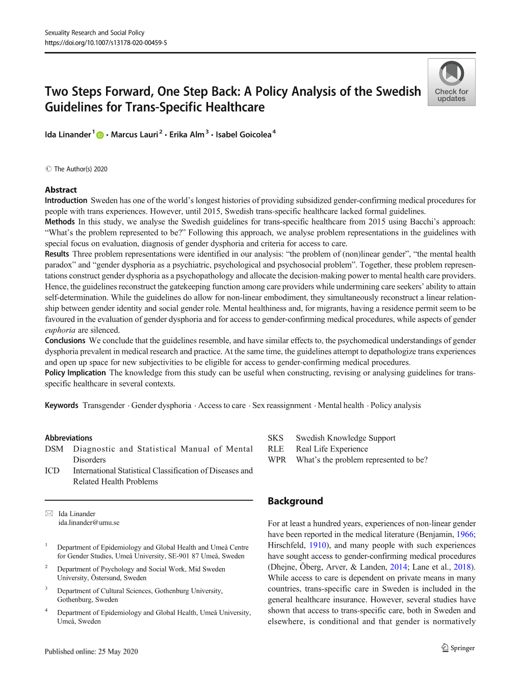 A Policy Analysis of the Swedish Guidelines for Trans-Specific Healthcare