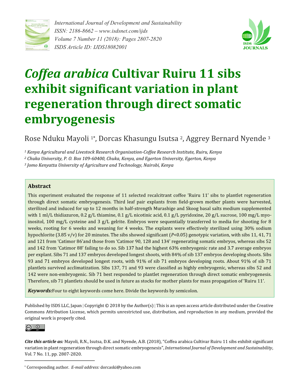 Coffea Arabica Cultivar Ruiru 11 Sibs Exhibit Significant Variation in Plant Regeneration Through Direct Somatic Embryogenesis