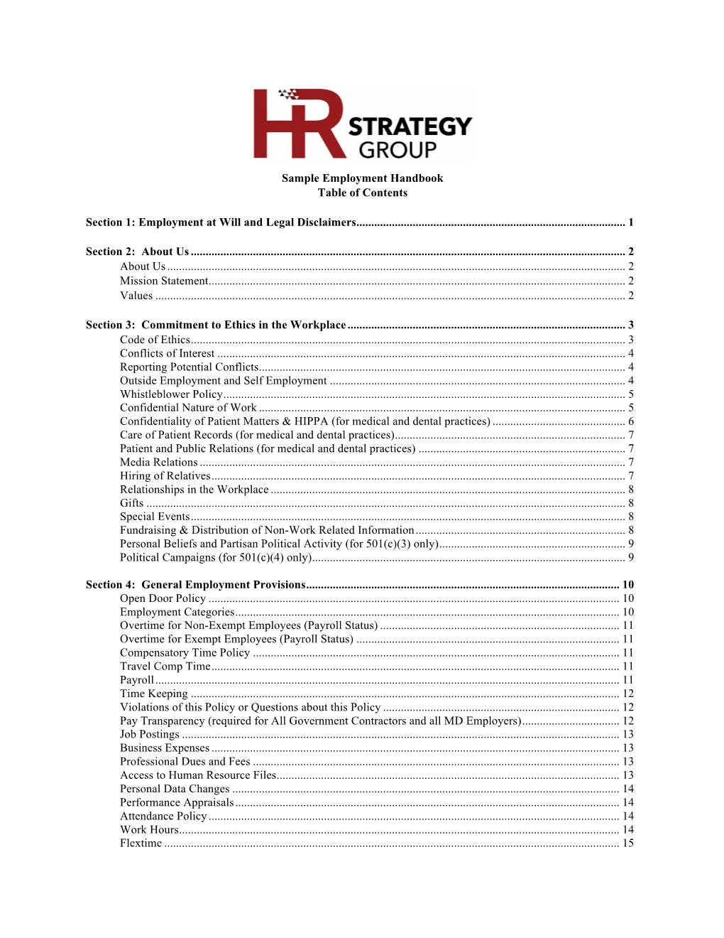 Sample Handbook Table of Contents