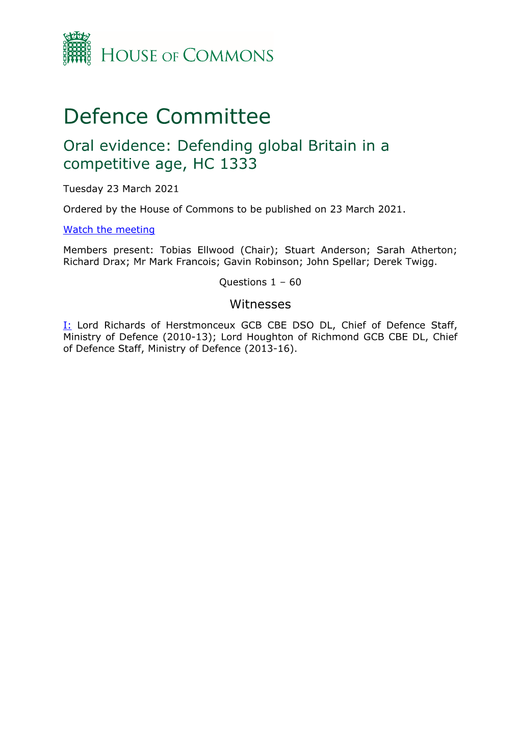 Defence Committee Oral Evidence: Defending Global Britain in a Competitive Age, HC 1333