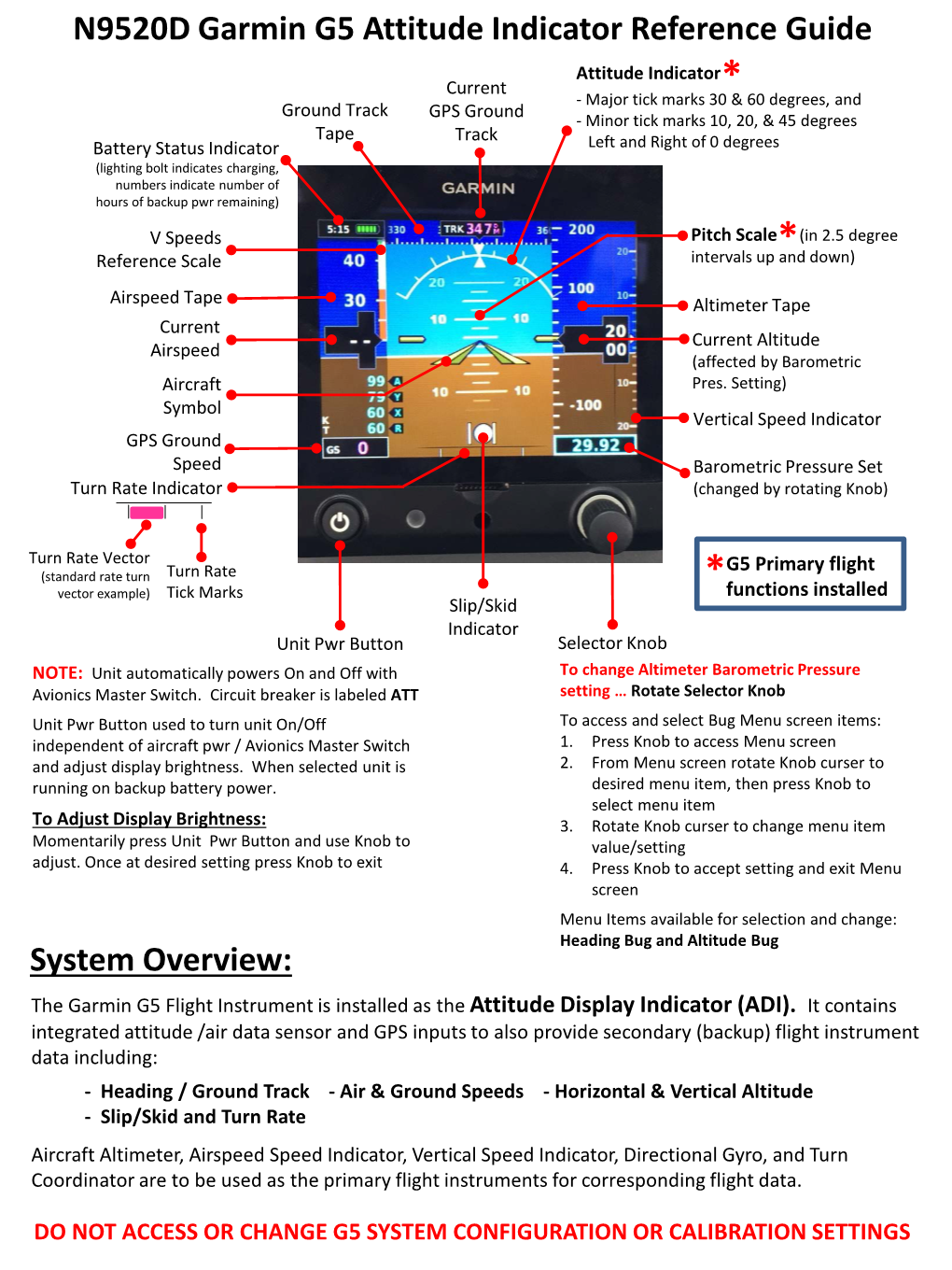 N9520D Garmin G5 Attitude Indicator Reference Guide System Overview