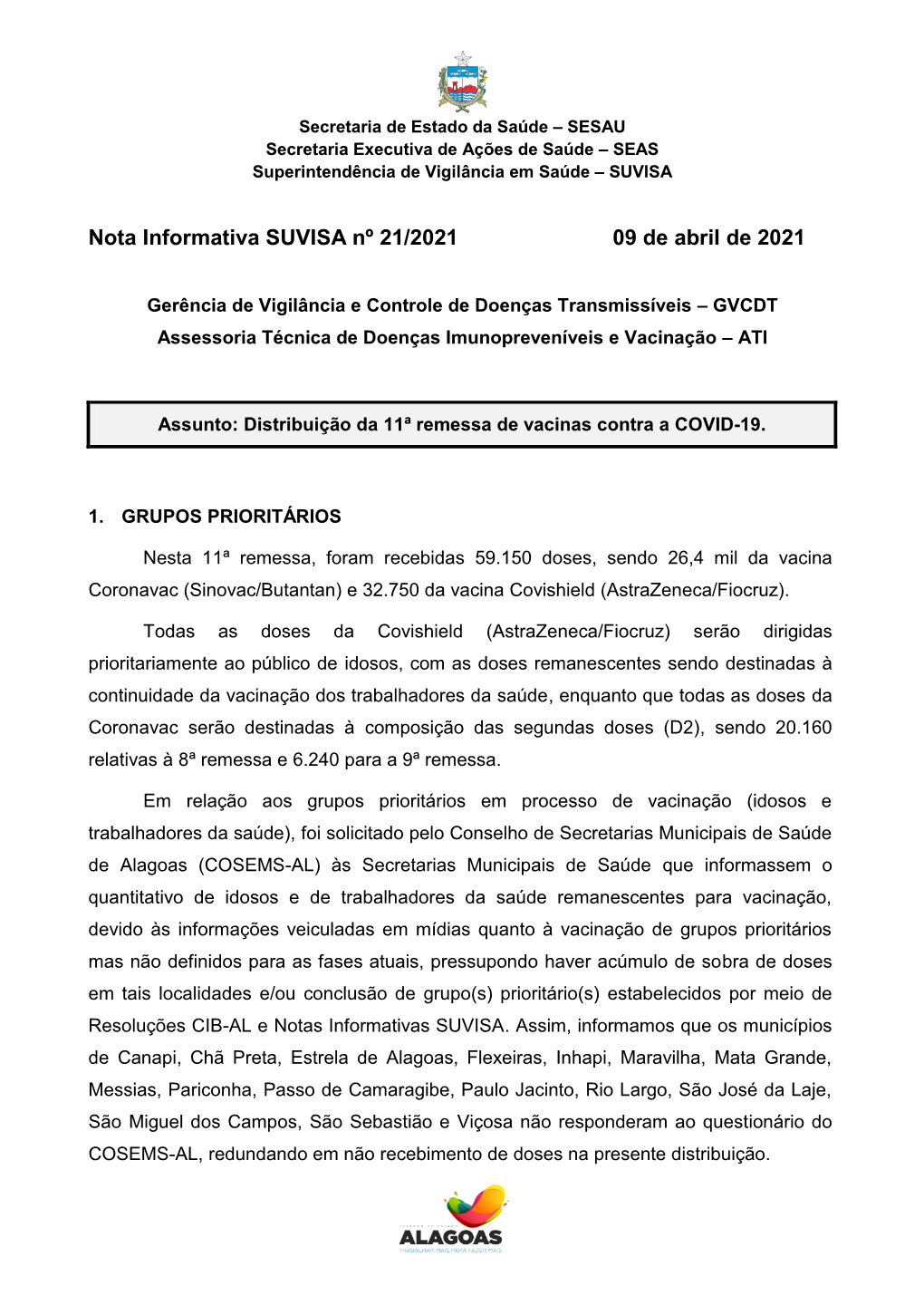 Nota Informativa SUVISA Nº 21/2021 09 De Abril De 2021