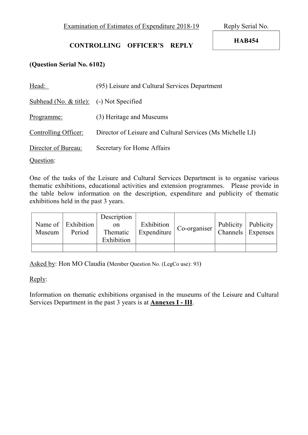 Examination of Estimates of Expenditure 2018-19 Reply Serial No