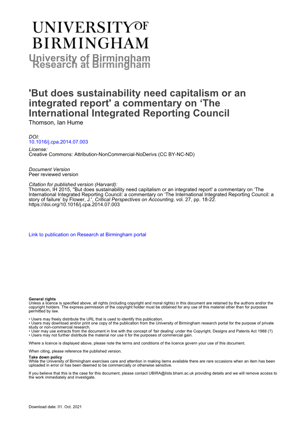 But Does Sustainability Need Capitalism Or an Integrated Report' a Commentary on ‘The International Integrated Reporting Council Thomson, Ian Hume