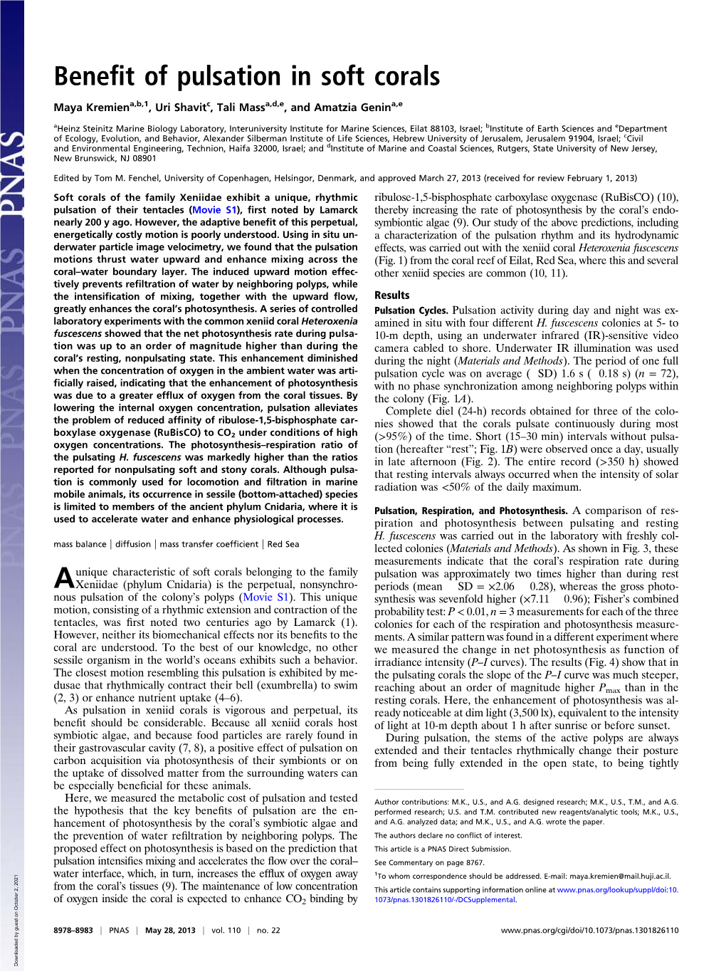 Benefit of Pulsation in Soft Corals