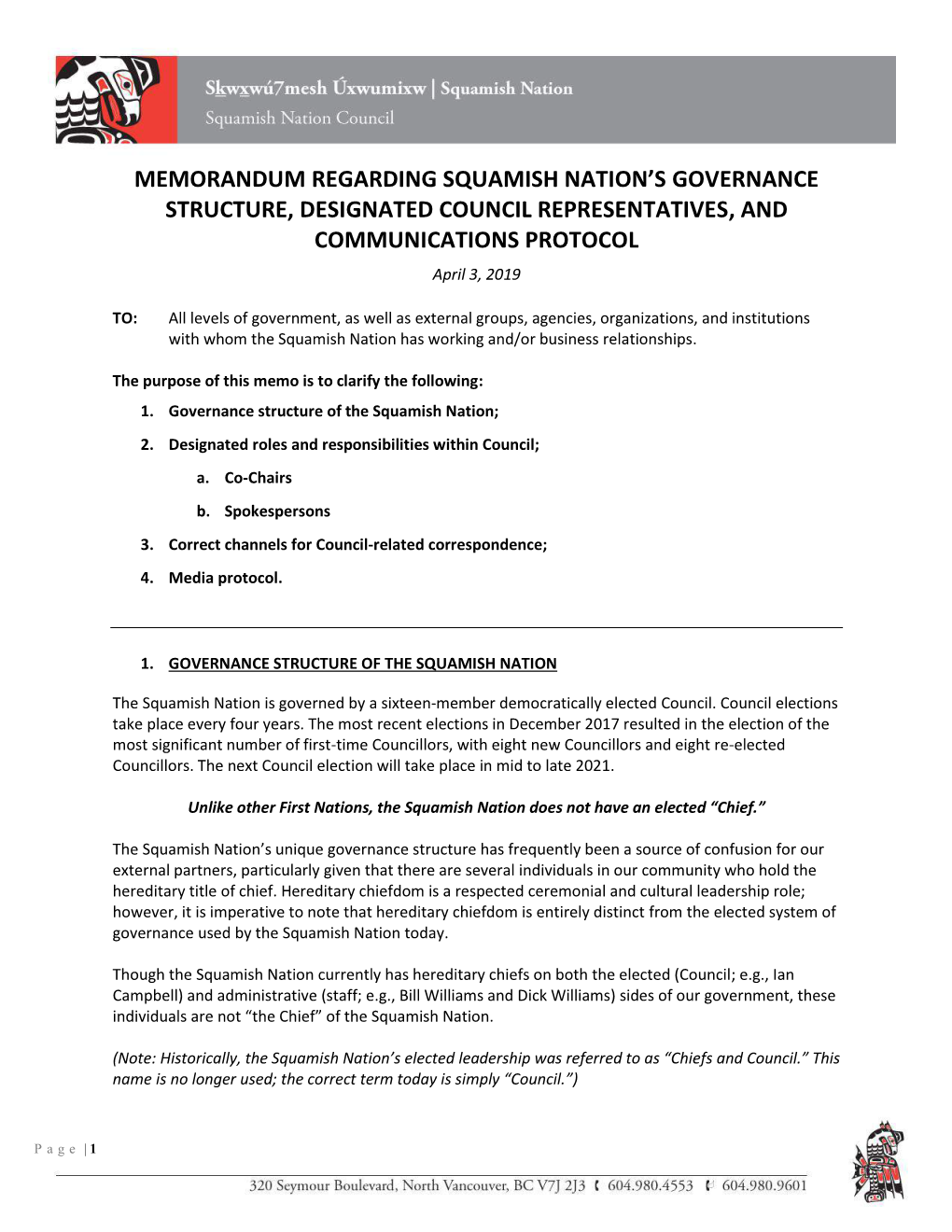 Memorandum Regarding Squamish Nation's