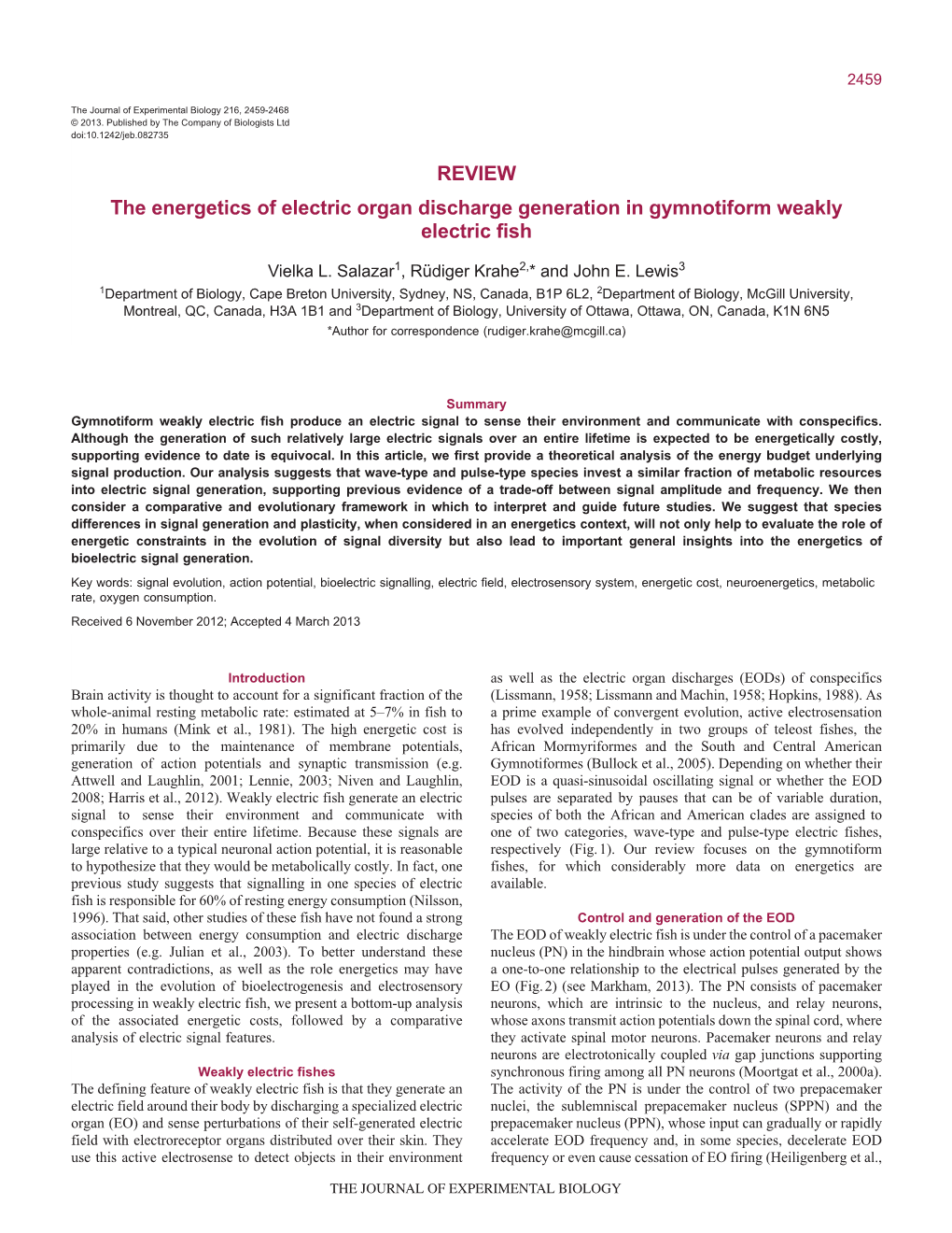 REVIEW the Energetics of Electric Organ Discharge Generation in Gymnotiform Weakly Electric Fish