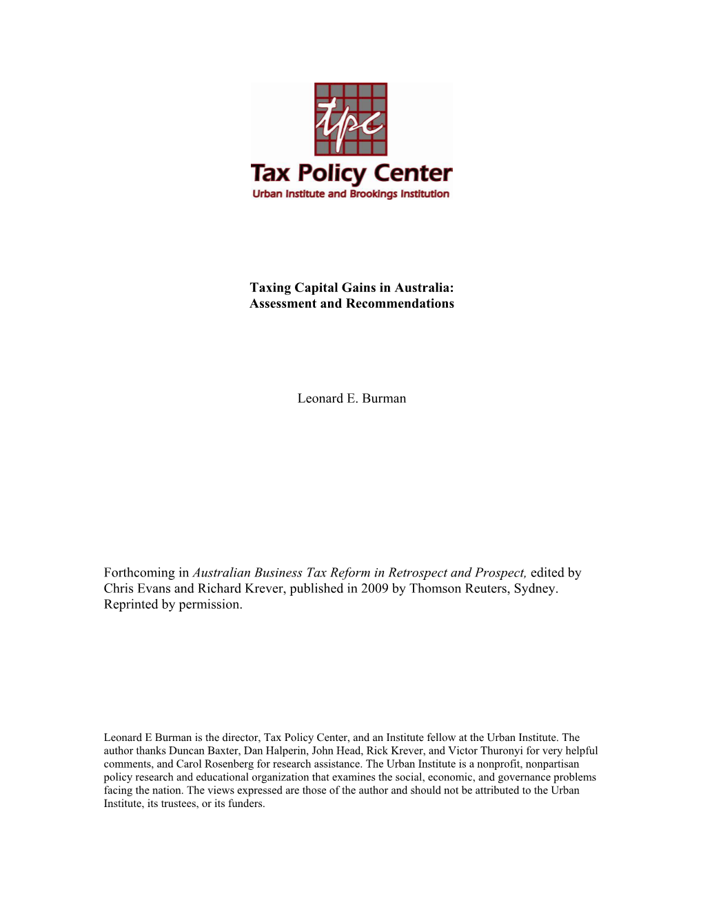 Taxing Capital Gains in Australia: Assessment and Recommendations