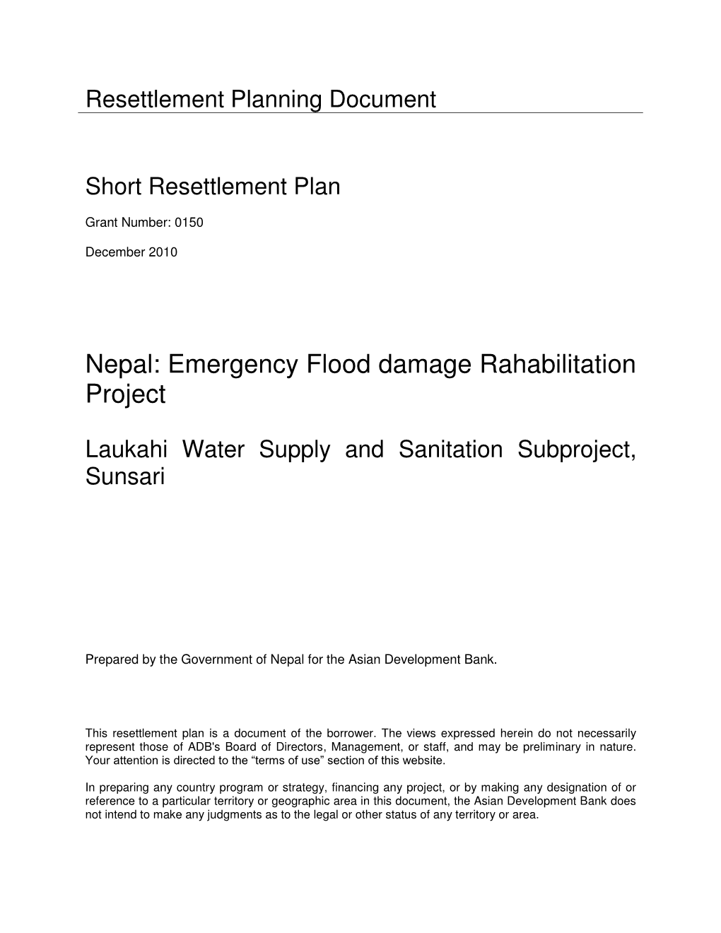 43001-012: Laukahi Water Supply and Sanitation Subproject Resettlement Plan