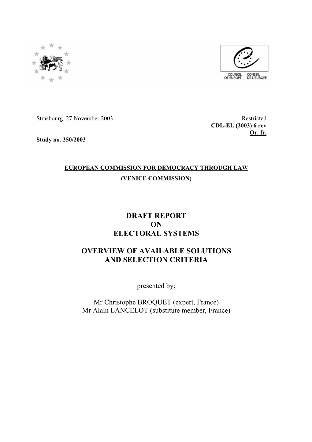 Draft Report on Electoral Systems Overview Of