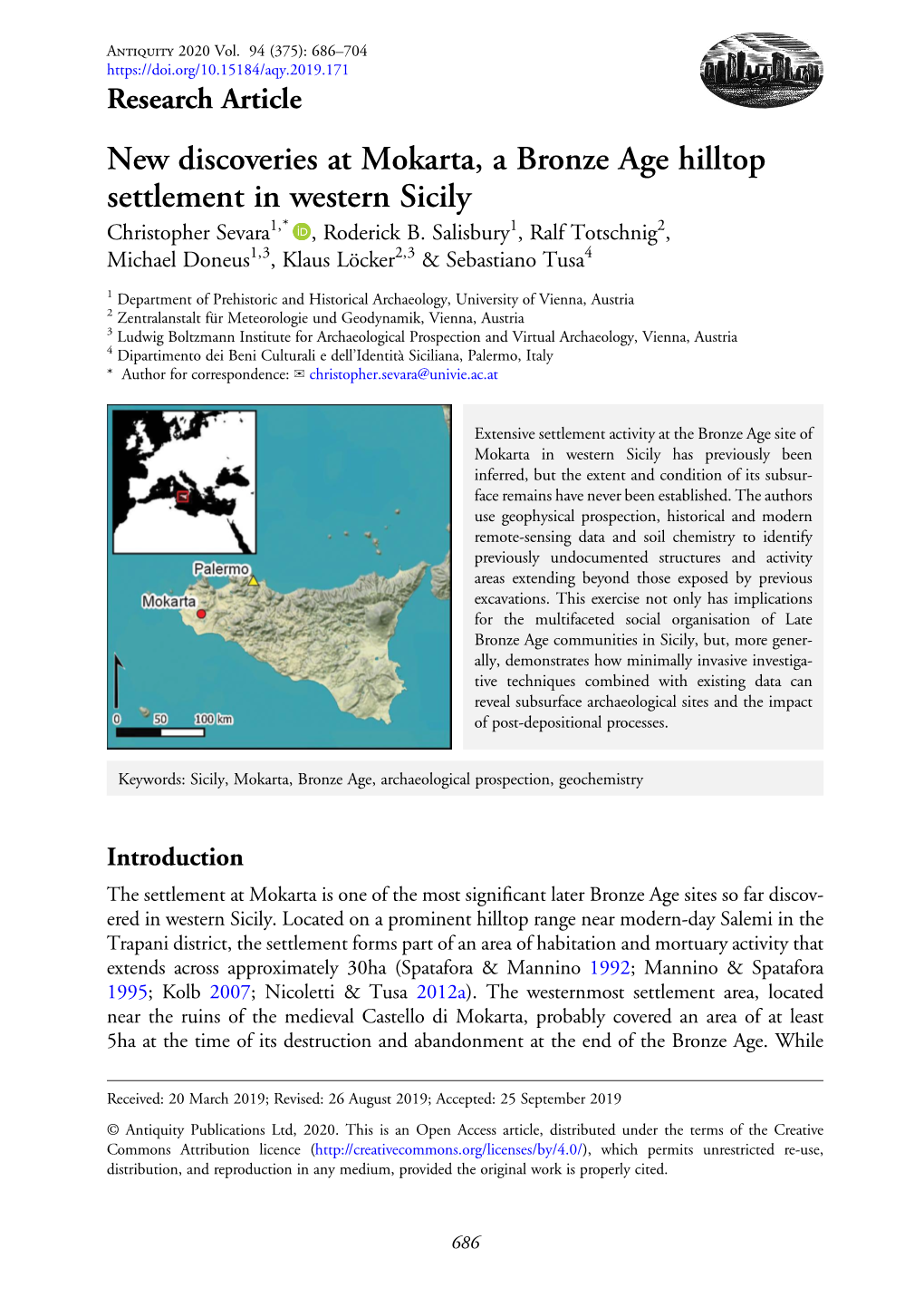 New Discoveries at Mokarta, a Bronze Age Hilltop Settlement in Western Sicily Christopher Sevara1,* , Roderick B