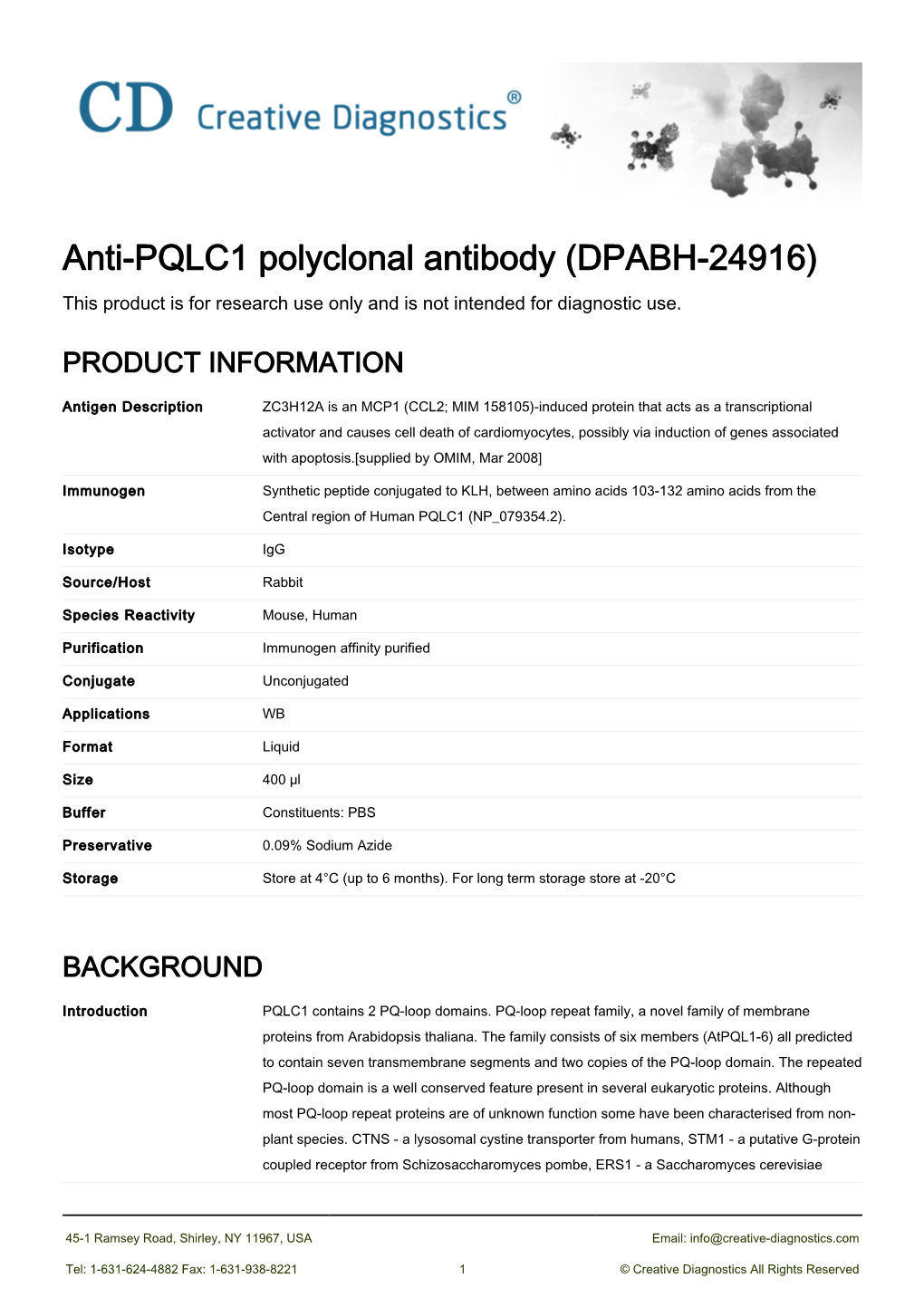 Anti-PQLC1 Polyclonal Antibody (DPABH-24916) This Product Is for Research Use Only and Is Not Intended for Diagnostic Use