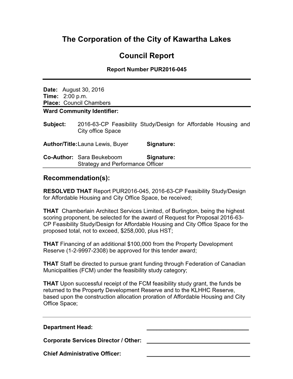 The Corporation of the City of Kawartha Lakes Council Report