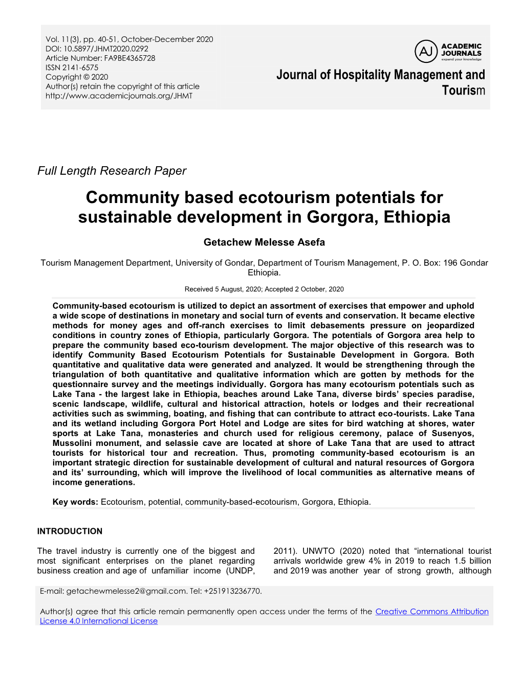Community Based Ecotourism Potentials for Sustainable Development in Gorgora, Ethiopia