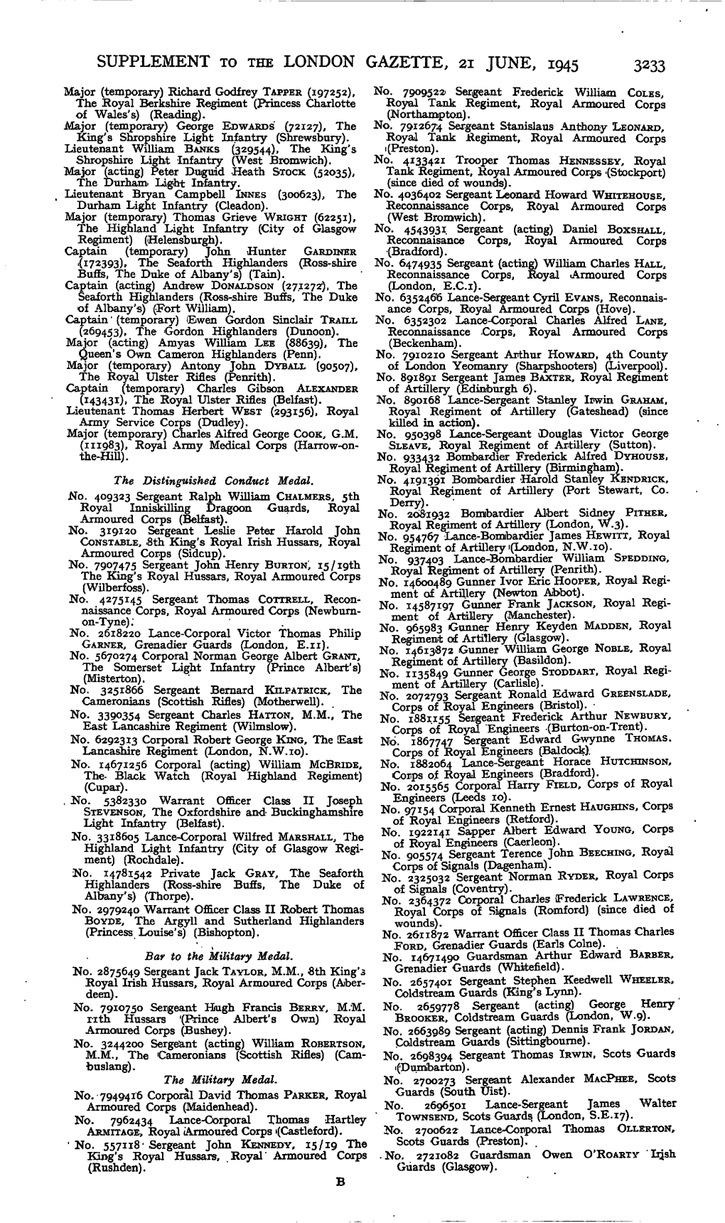 SUPPLEMENT to the LONDON GAZETTE, 21 JUNE, 1945 3233 Major (Temporary) Richard Godfrey TAPPER (197252), No