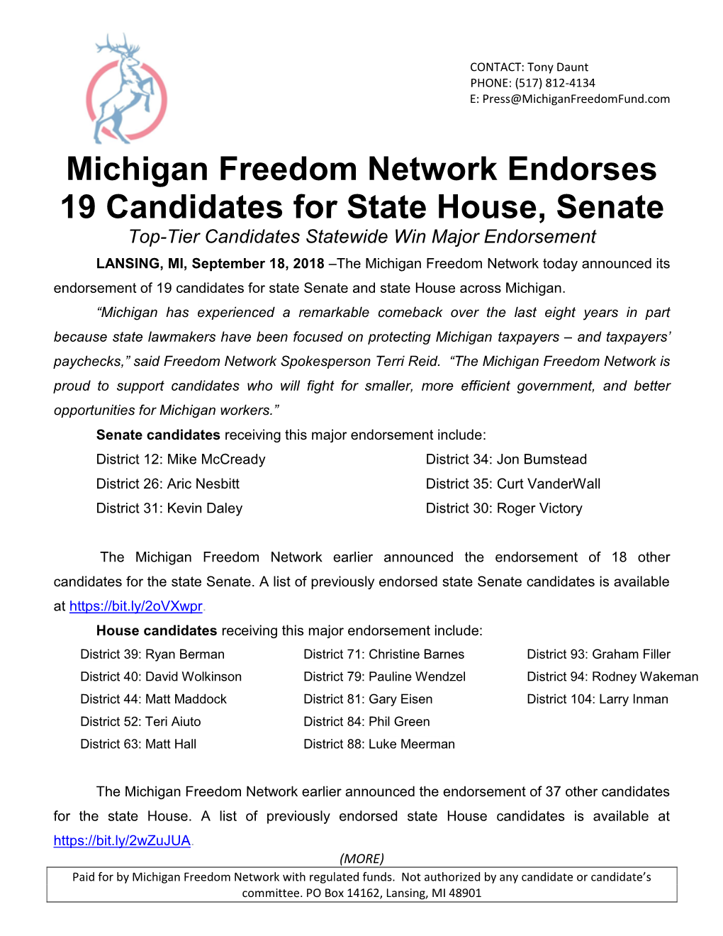 Michigan Freedom Network Endorses 19 Candidates for State House, Senate Top-Tier Candidates Statewide Win Major Endorsement