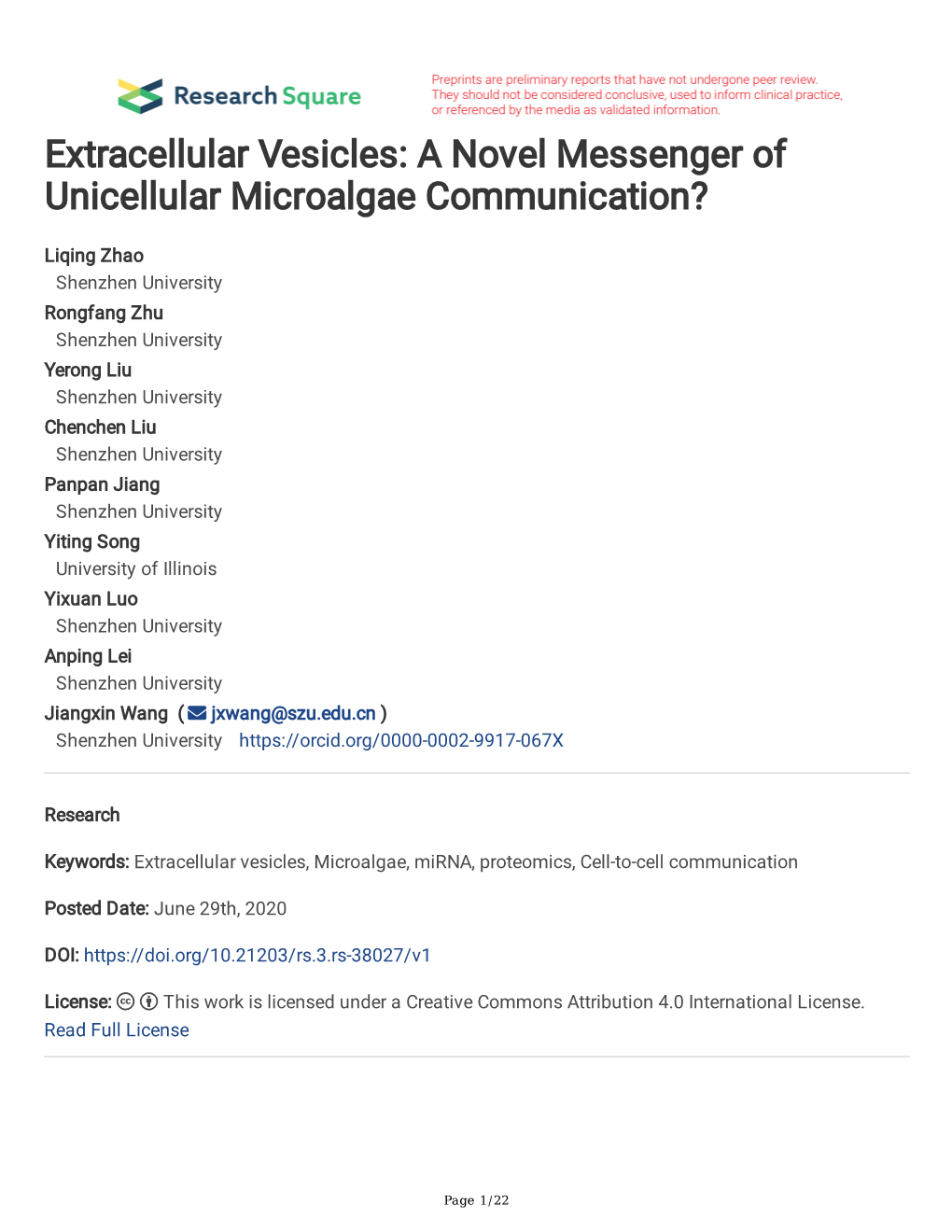 Extracellular Vesicles: a Novel Messenger of Unicellular Microalgae Communication?