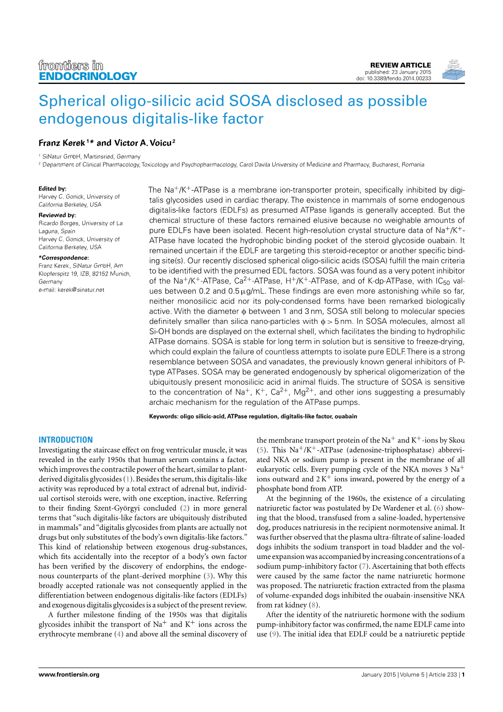 Spherical Oligo-Silicic Acid SOSA Disclosed As Possible Endogenous Digitalis-Like Factor