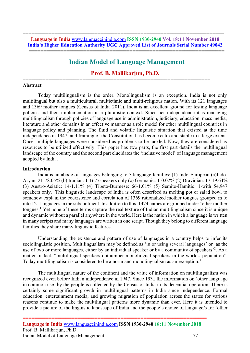 Indian Model of Language Management Prof