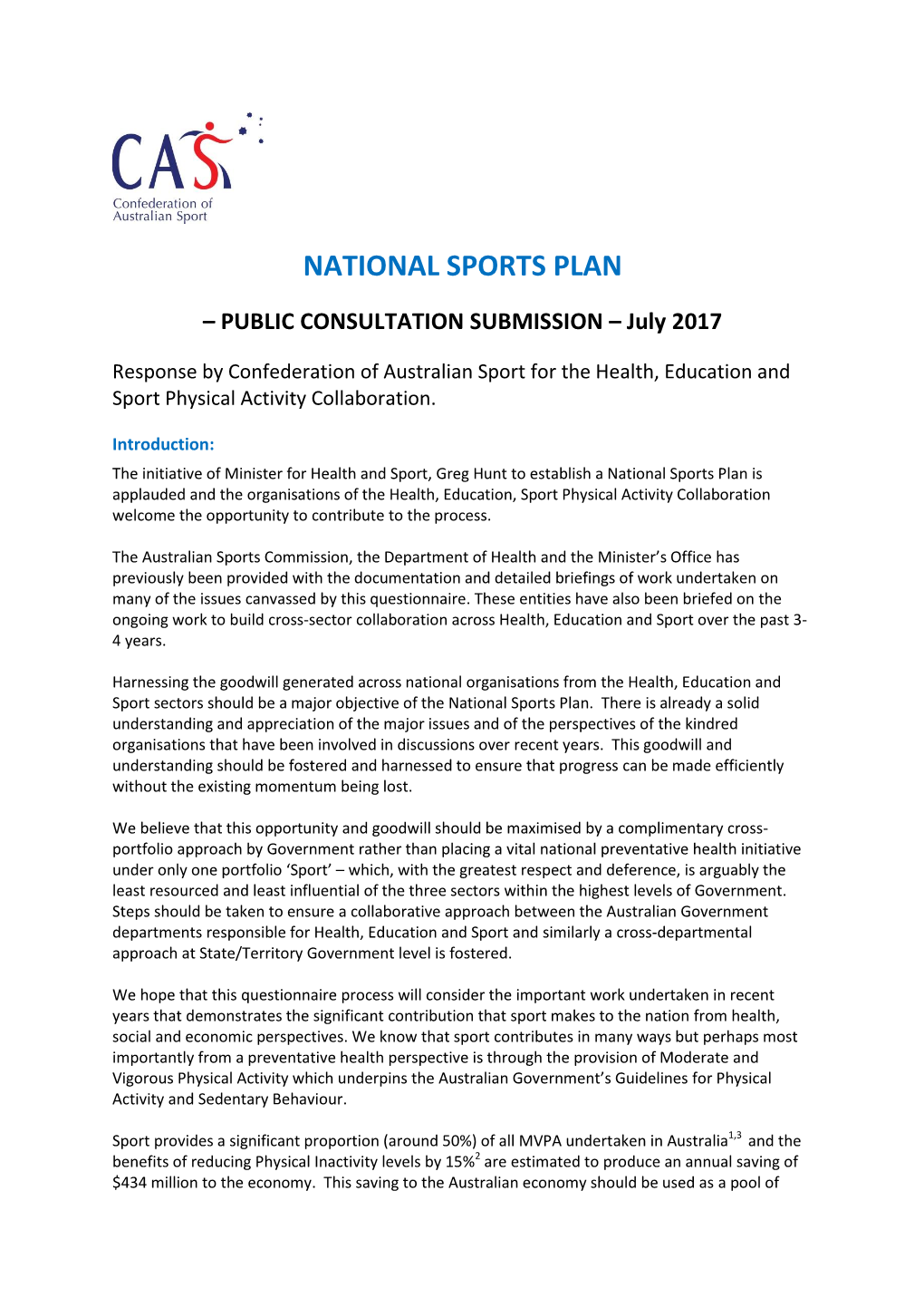 Cross-Sector Collaboration Response to the National Sports Plan 31.7.17