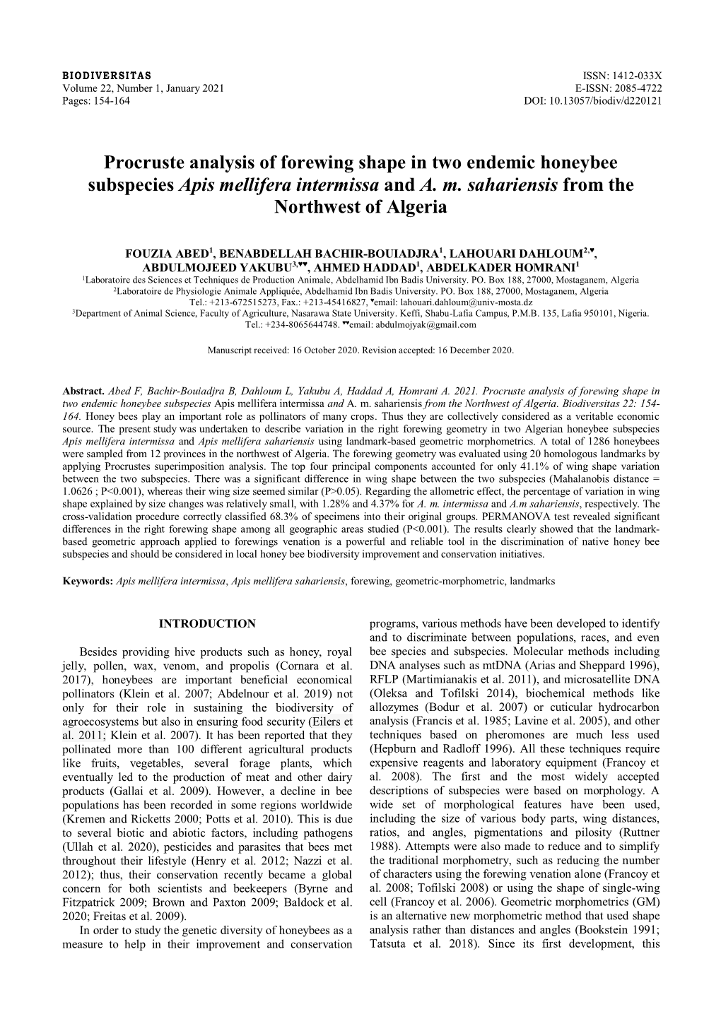 Procruste Analysis of Forewing Shape in Two Endemic Honeybee Subspecies Apis Mellifera Intermissa and A