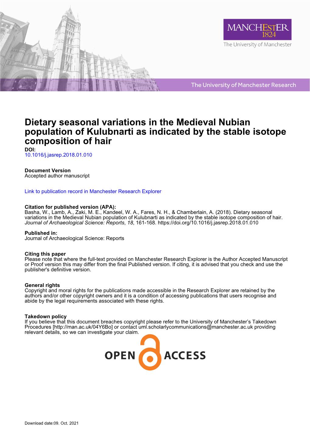Dietary Seasonal Variations in the Medieval Nubian Population of Kulubnarti As Indicated by the Stable Isotope Composition of Hair DOI: 10.1016/J.Jasrep.2018.01.010