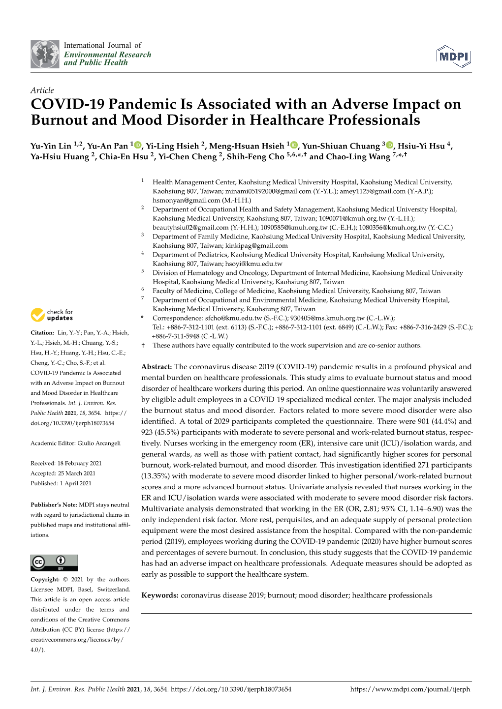 COVID-19 Pandemic Is Associated with an Adverse Impact on Burnout and Mood Disorder in Healthcare Professionals